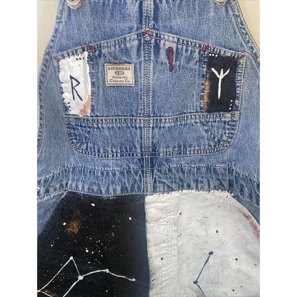 Union Bay Vintage Overalls dress Paint DIY Denim 90s Astrology Art Boho y2k M - Picture 2 of 11